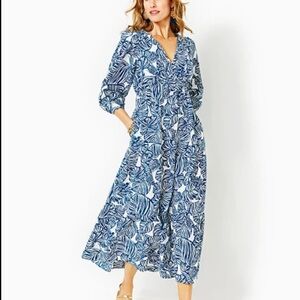 Lilly Pulitzer Deacon dress in Beach Path  v neck long sleeve